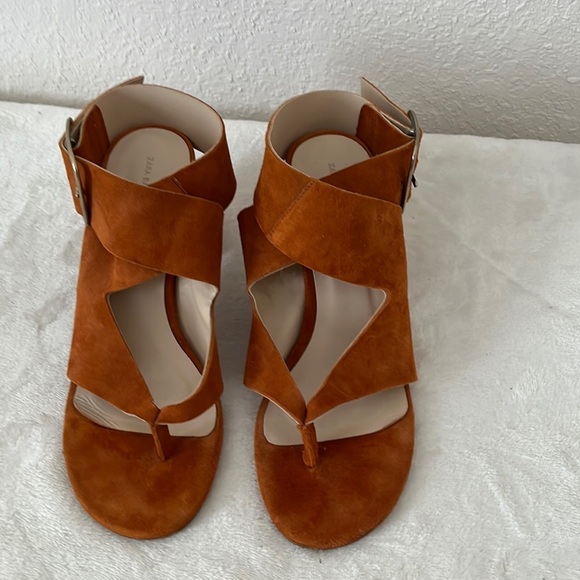 ZARA Faux Suede Leather High Heel Sandals With Buckle Wraparound Strap Tan 6US - Picture 2 of 11